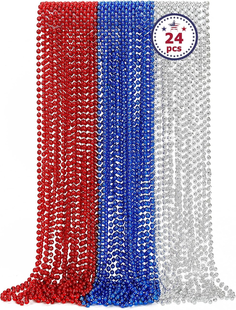 4th of July Necklace Decorations, 24PCS Fourth of July Beads Party Favors Bulk, Red Blue Silver Necklace